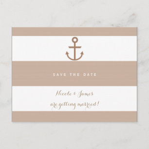 Brown Taupe & White Striped Anchor Save The Date Announcement Postcard