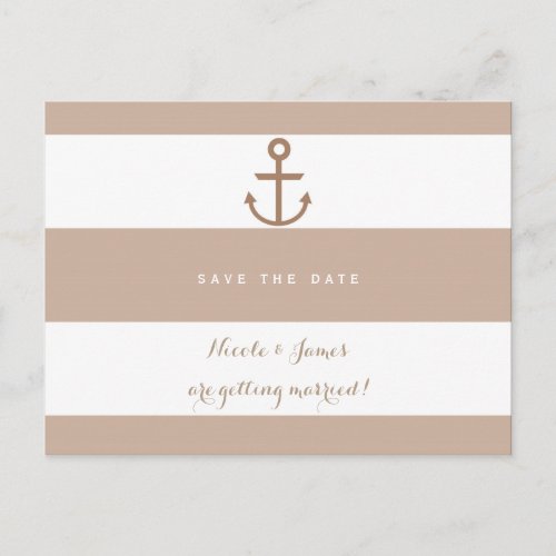Brown Taupe  White Striped Anchor Save The Date Announcement Postcard