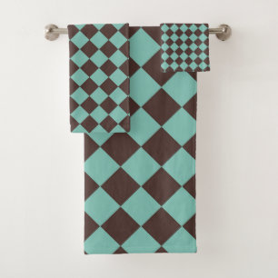Brown Teal Checker Diamond Pattern Bath Towel Set