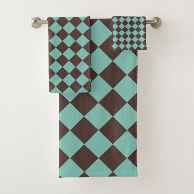 Brown Teal Checker Diamond Pattern  Bath Towel Set (Insitu)