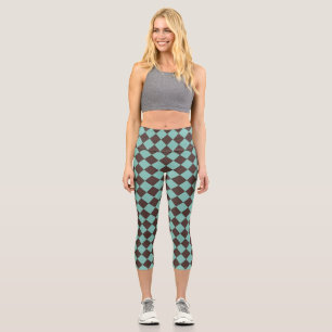 Brown Teal Checker Diamond Pattern Capri Leggings