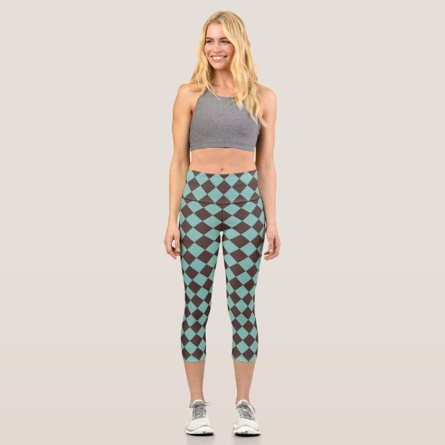 Brown Teal Checker Diamond Pattern  Capri Leggings (Front)