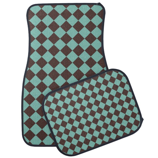 Brown Teal Checker Diamond Pattern Car Floor Mat (Set)
