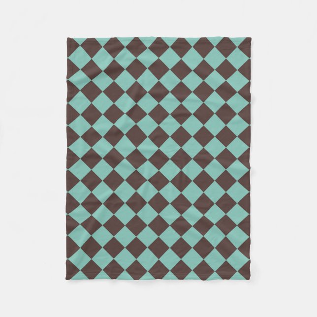 Brown Teal Checker Diamond Pattern Fleece Blanket (Front)