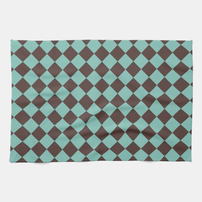 Brown Teal Checker Diamond Pattern  Kitchen Towel (Horizontal)