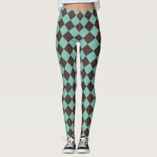 Brown Teal Checker Diamond Pattern Leggings