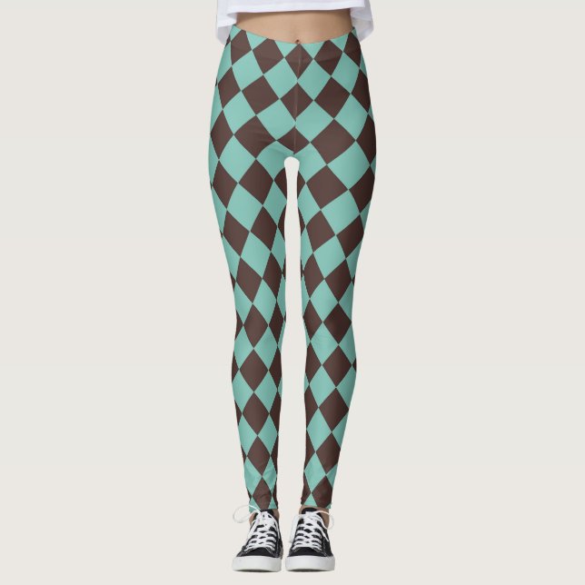Brown Teal Checker Diamond Pattern  Leggings (Front)