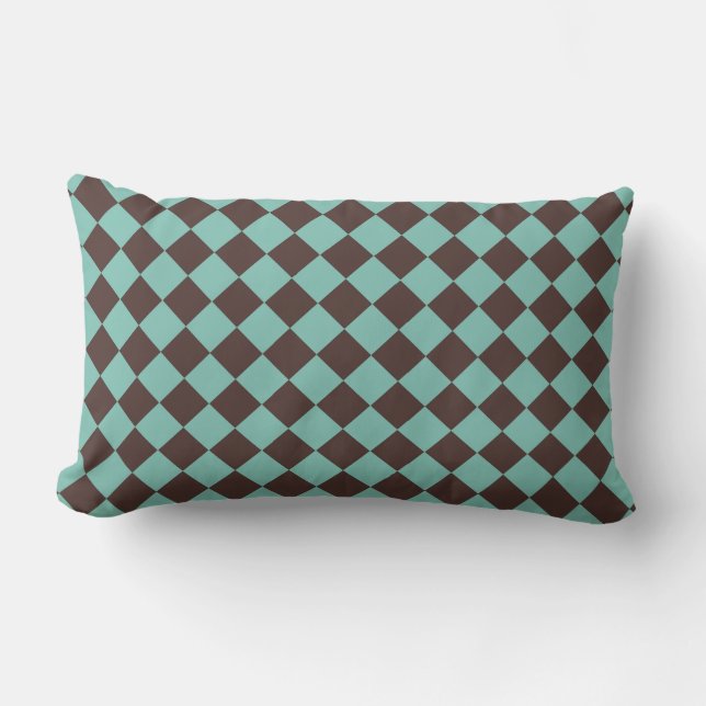 Brown Teal Checker Diamond Pattern  Lumbar Pillow (Front)