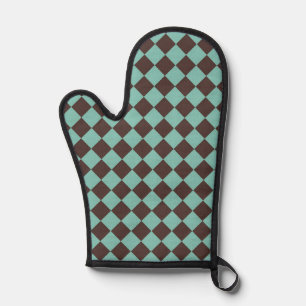 Brown Teal Checker Diamond Pattern Oven Mitt