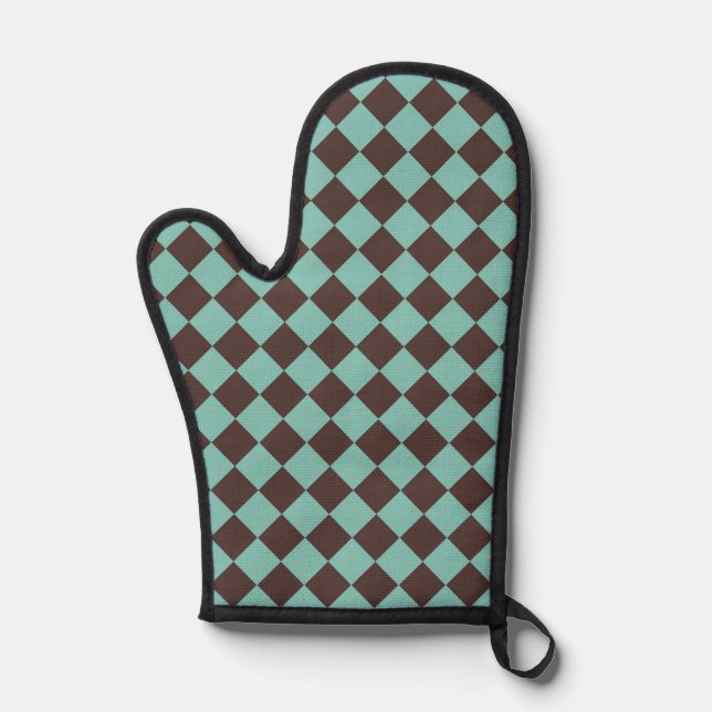 Brown Teal Checker Diamond Pattern Oven Mitt (Front)