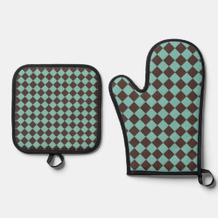 Brown Teal Checker Diamond Pattern Oven Mitt & Pot Holder Set