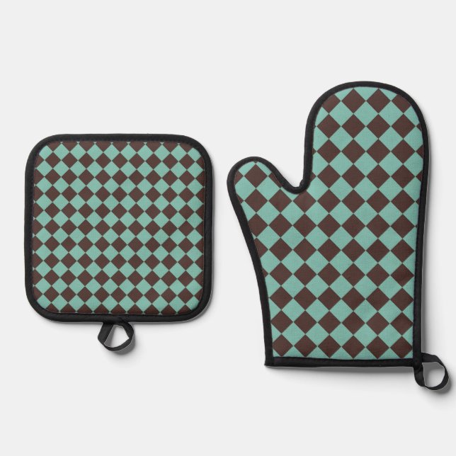 Brown Teal Checker Diamond Pattern Oven Mitt & Pot Holder Set (Front)