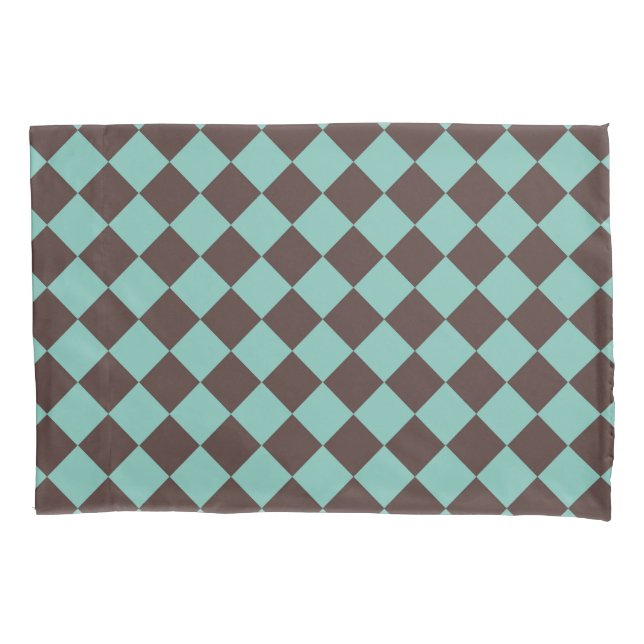 Brown Teal Checker Diamond Pattern Pillow Case (Front-Left)