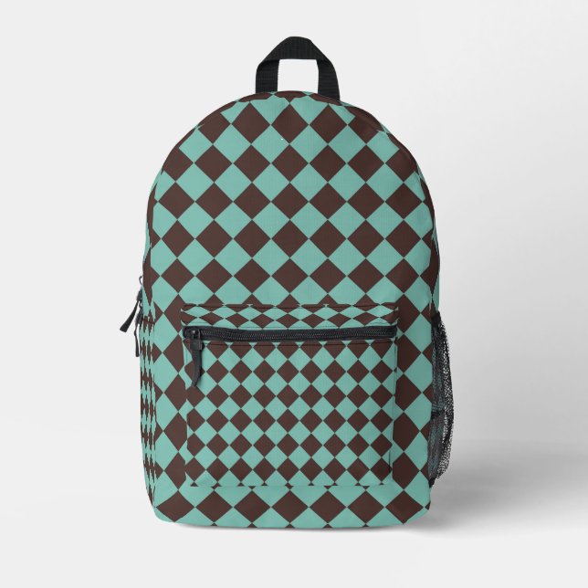 Brown Teal Checker Diamond Pattern Printed Backpack (Front)