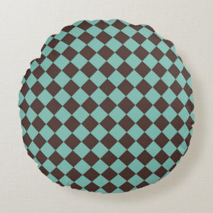 Brown Teal Checker Diamond Pattern Round Pillow