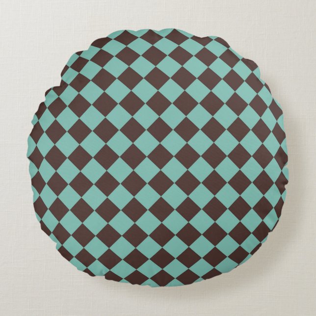 Brown Teal Checker Diamond Pattern  Round Pillow (Front)