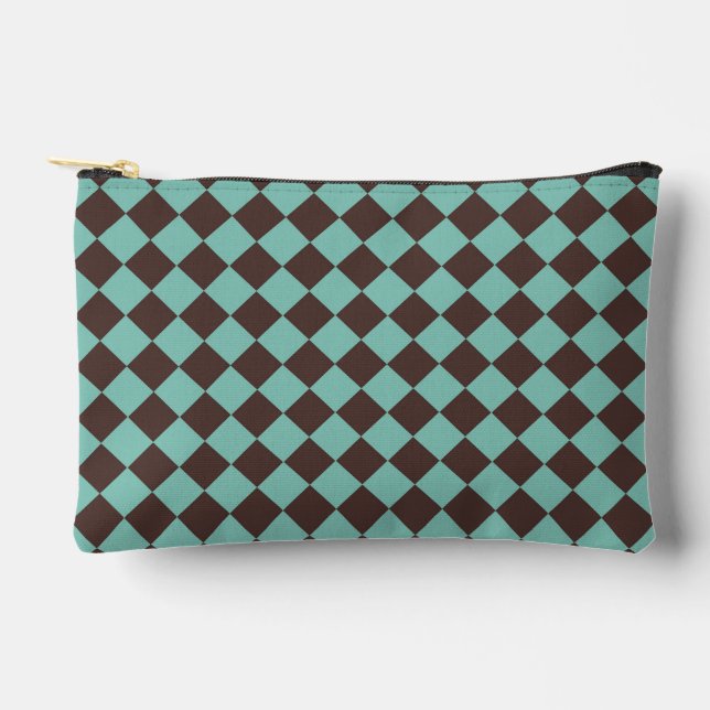Brown Teal Checker Diamond Pattern Small Accessory Pouch (Front)