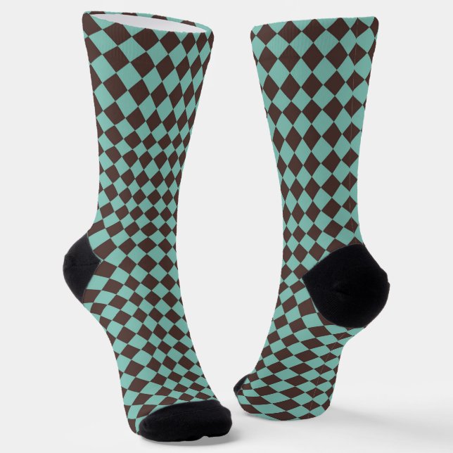 Brown Teal Checker Diamond Pattern Socks (Angled)