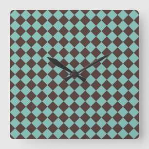 Brown Teal Checker Diamond Pattern Square Wall Clock