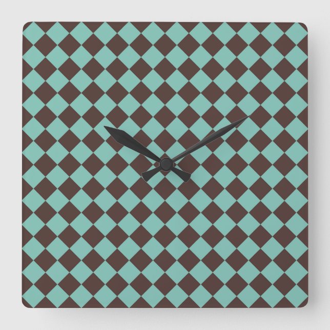 Brown Teal Checker Diamond Pattern Square Wall Clock (Front)