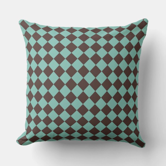Brown Teal Checker Diamond Pattern  Throw Pillow (Front)
