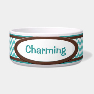 Brown & Teal Chevron Personalized Dog Bowl