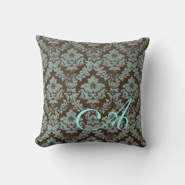 Brown / Teal Distressed Damask Personalized Pillow (Front)