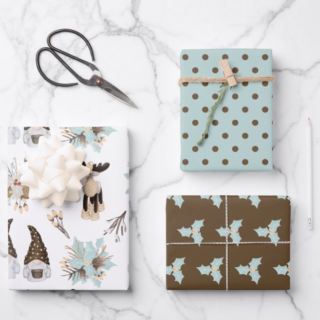 Brown & Teal Gnome | Christmas Holiday Wrapping Paper Sheets (Front)