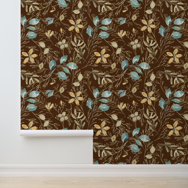 Brown Teal Gold Floral Pattern Wallpaper (Application)