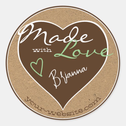 Brown Teal Kraft Paper Made with Love Heart Shape Classic Round Sticker