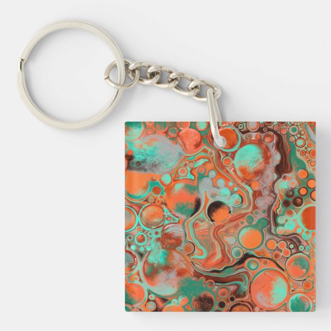 Brown, Teal, Orange Marble Fluid Art  Keychain (Front)