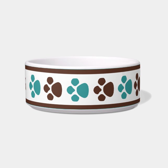Brown & Teal Paw Prints Personalized Cat Bowl (Right)