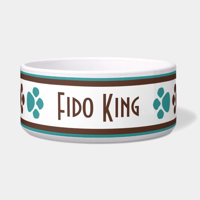 Brown & Teal Paw Prints Personalized Dog Bowl (Front)