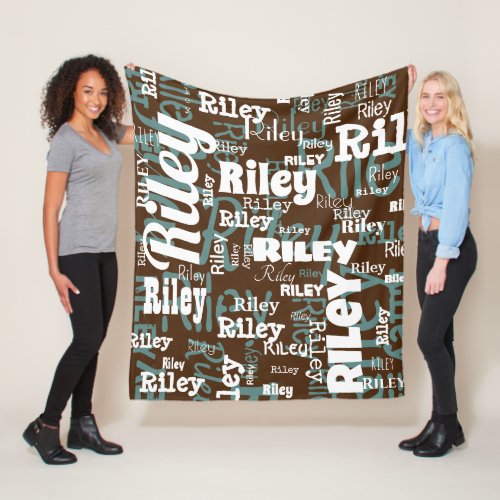 Brown Teal  White Name Pattern Personalized Fleece Blanket