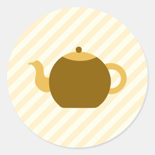 Brown Teapot Picture on Beige Stripes. Classic Round Sticker