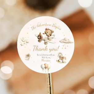 Brown Teddy Bear Airplane Baby Shower Classic Round Sticker