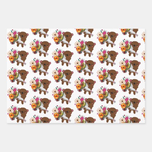 Brown Teddy Bear and Flowers Wrapping Paper Sheets