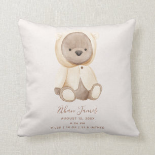 Brown Teddy Bear Baby Birth Stats Keepsake Throw Pillow