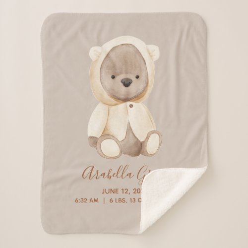 Brown Teddy Bear Baby Birth Stats Sherpa Blanket