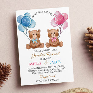 Brown Teddy Bear Balloon Gender Reveal Invitation