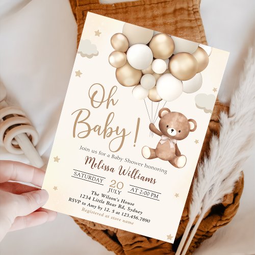 Brown Teddy Bear Balloons Baby Shower Invitation