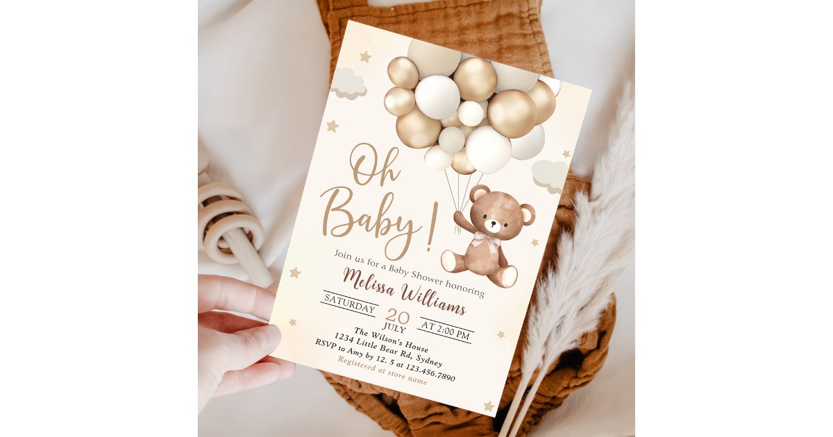 Brown Teddy Bear Balloons Baby Shower Invitation