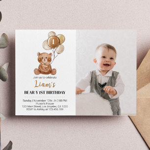 Brown Teddy Bear Birthday Invitation Bear Balloon