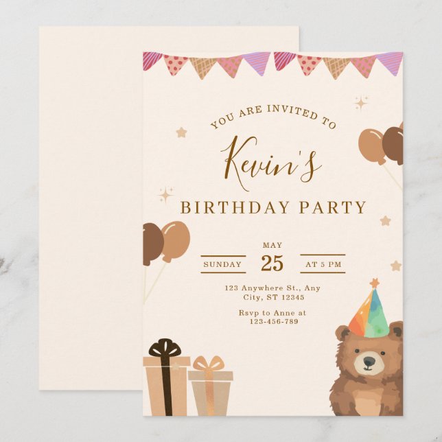 Brown Teddy Bear Birthday Invitation, Cute Neutral Invitation (Front/Back)