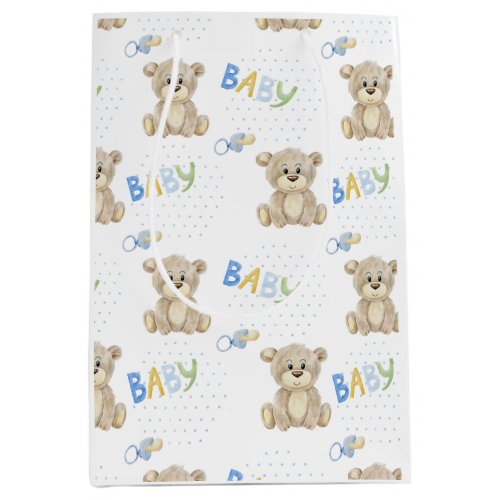 Brown Teddy Bear Blue Boy Baby Shower Medium Gift Bag