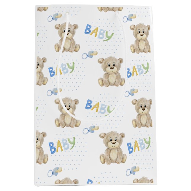 Brown Teddy Bear Blue Boy Baby Shower Medium Gift Bag (Front)