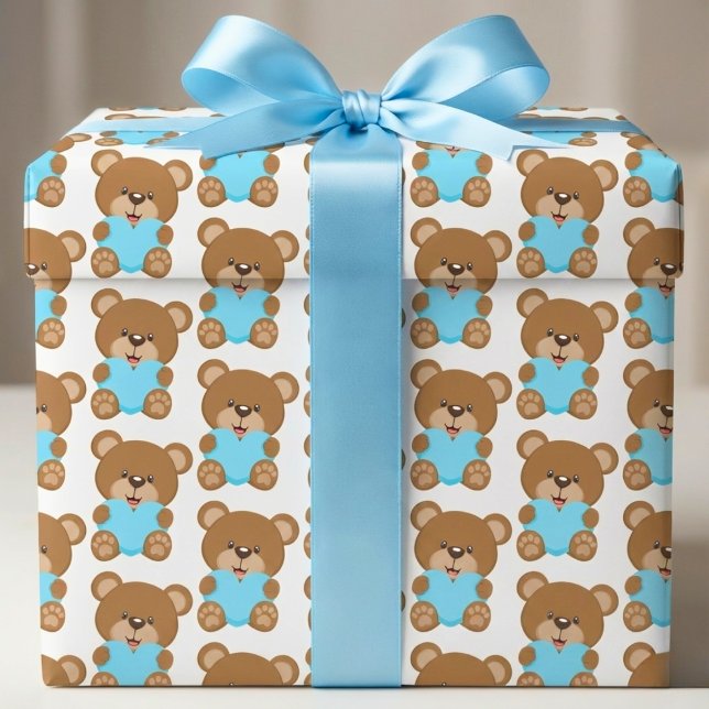 Brown Teddy Bear Blue Heart Gift Wrap (Wrap them up in a bear hug.)