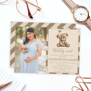Brown teddy bear boy baby shower photo invitation