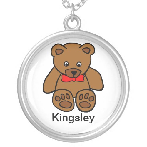 Brown Teddy Bear Cartoon Add Name Silver Plated Necklace