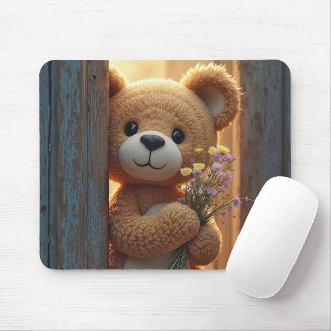 Brown Teddy Bear Holding a Wildflower Bouquet Mouse Pad (With Mouse)